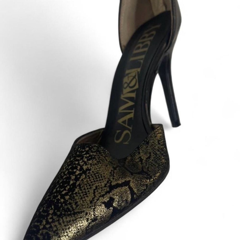 Sam & Libby Elegant Black and Gold Heels 7.5, 4in heel. - Picture 3 of 5